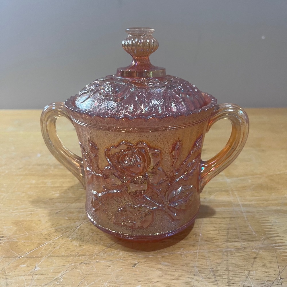 Vtg Imperial‎ Glass Lustre Rose Marigold Carnival Glass Lidded Sugar Bowl Deco